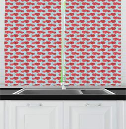RetroHeart Kitchen Curtains: Dark Coral & Pale Blue Hearts w/ I Love You Typography, Hipster Motifs & Rhythmic Print.