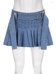 Skirts BP 2023 Korean Fashion Denim Pleated With Belts Low Waist Y2K Streetwear Blue Preppy Style Womens Vacation A Line Skirt