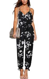 Women's Jumpsuits & Rompers Sexy Spaghetti Lace Up Waist Floral Print Summer Women V Neck Solid Casual Sleeveless Long Split Pants Romper