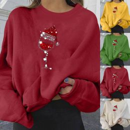 Women's Blouses Lovely Casual Sweatshirt Crew Neck Thick Skin-Touch Shiny Wine Cup Print Christmas