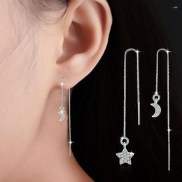 Dangle Earrings 925 Silver Pave CZ Moon Star Long Chain Threader For Women Girl