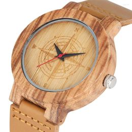 Wristwatches Engraved Compass Display Round Dial Wooden Watch Men's Genuine Leather Wristwatch Brown Stripes Wood Watches Mens Clock