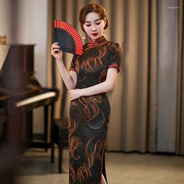 Ethnic Clothing Chinese Traditional Slim Dress Costume Long Sexy High Split Qipao 2023 Elegant Women Black Print Cheongsam