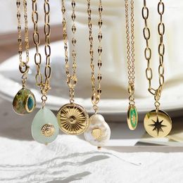 Chains Stainless Steel Hollow Eyes Pendant Necklace For Women Green Raw Stones Drop Necklaces Gold DIY Daisy Turquoise Chain Jewelry