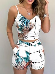 Women's Two Piece Pants Print Spaghetti Strap Crop Top Short Sets Casual Summer 2 Piece Outfits for Women 230303