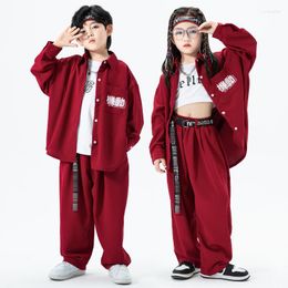 Stage Wear Modern Jazz Dance Clothes For Girls Boys Hip Hop Outfit Long Sleeves Red Shirt Pants Concert Performance Clothing BL9044