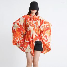 Women's Blouses High Street Trendy Design Orange Patchwork Printed Loose Oversize Shirt 2023 Fall Elegant Long Sleeve Lace Top Women