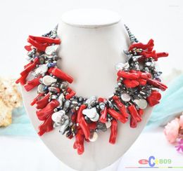 Choker P5261 6ROW 19" BLACK BAROQUE FRESHWATER PEARL RED CORAL Branch NECKLACE