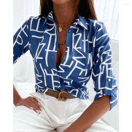 Women's Blouses 2023 Summer Autumn Women Turn Down Collar Letter Print Roll Tab Sleeve Button Shirt Long Workwear Casual T-Shirts