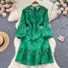 Casual Dresses Chic And Beautiful Lace Cut-out Lantern Sleeve Summer Women's Wear Waist Narrow