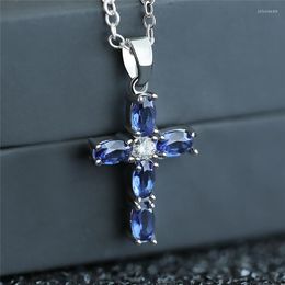 Pendant Necklaces Lucky Cross Shaped For Women Royal Blue Color Oval Crystal Birthday Gift Clavicle Necklace Female Jewelry