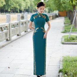 Ethnic Clothing Spring Retro Short Sleeve Applique Satin Qipao Drop Collar Handmade Buttons Long Style Cheongsam Chinese Women Dress