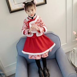 Ethnic Clothing Children's Cheongsam Printed Suit Red Year's Autumn Winter Thickened Hanfu Chinese Costume Performance