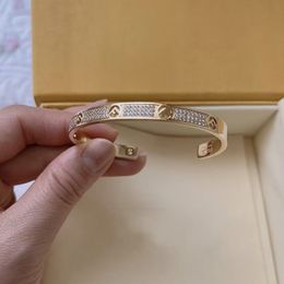 Deluxe full diamond Bangle Bracelets 18k Gold F Femme Letter logo engrave open Bangles wedding jewelry For Women girls Wholesale