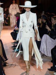 Zuhair Murad Evening Dress White suit jacket decorated with pearl flowers long dress