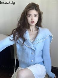 Women's Knits Lnsozkdg Korean Sweet Women Sweaters Japanese Vintage Turn-Down Collar Long Sleeve Cute Cardigans 2023 Cardigan Beading Y2k