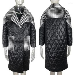 Women's Down Turn 2023 Collar Parkas Women Fashion Patchwork Houndstooth Coats Elegant Loose Long Cotton Jacket Female