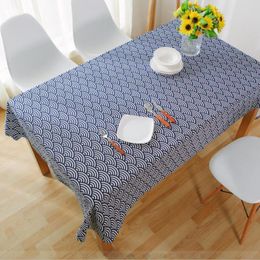 Table Cloth Japanese Style Sea Wave Dark Blue Geometric Pattern Cotton And Linen Tablecloth Cover Outing Antependium