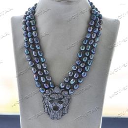 Choker Z12262 3Row 19" 12mm Black Baroque Freshwater Pearl Necklace Lion CZ Pendant