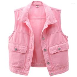 Women's Jackets Spring Fashion Denim Vest Coat Women Single-Breasted Short Slim Big Pocket Sleeveless Jacket Ladies Jeans Waistcoat G2204