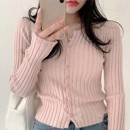 Women's T Shirts Korean Sweet Girl Pink Crop Tops Autumn Single-Breasted V-Neck Long Sleeve Slim Fit Tees Chic Women Cute Knitted Shirt Y2K
