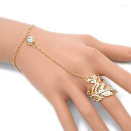 Charm Bracelets Gold Crystal Leaf Ring Bracelet For Women Wrist Chain Jewelry Fashion Hand Back Bangles Female Arm Link Ornaments