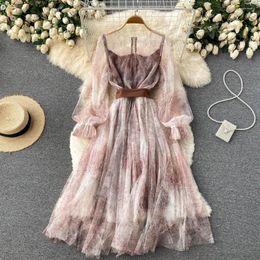 Casual Dresses Autumn Women's Elegant French Print Waist Closing Foreign Style Bubble Sleeve Mesh Temperament Fairy