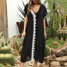 Casual Dresses Womens Large Sexy Deep V Slit Loose Solid Contrast Beach Dress Long Skirt Split Swimsuit Sports Bandage Swiming