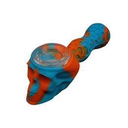 Multiple Uses Colorful Silicone Cool Skull Style Pipes Herb Tobacco Oil Rigs Storage Stash Case Glass Hole Filter Bowl Smoking Cigarette Straw Spoon Holder DHL