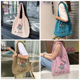 Evening Bags Pink Corduroy Shoulder Bag Women Sweet Flower Embroidery Shopping Ins Fashion Girls Student Bookbag Handbags 2023