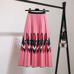 Skirts Pleated Skirt Women Summe Print Feather Pattern A-line High Waist Casual