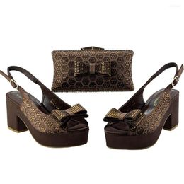 Dress Shoes Latest Coffee Italian Ladies And Bag Sets Decorated With Rhinestone African Matching Bags Heel For Women