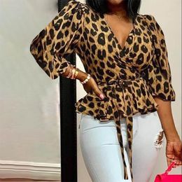 Women's Blouses Autumn Women Sexy Leopard Print V-neck Shirt Long Sleeves Loose Elegant Blouse Office Ruffled Plus Size Clothing S-5XL