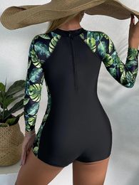 Women's Swimwear Floral Print High Neck One Piece Swimsuit Long Sleeve Rash Guard Zipper Surfing Suit Diving SwimmingWomen's