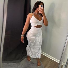 Casual Dresses Puloru 2023 Summer Sexy Cut Out Halter Tied Maxi Bodycon Dress Women's Backless Ruched Draped Sundress Solid Colour