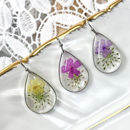 Summer Fashion Jewelry Supplier Water Drop Shape Dangle Earrings Stainless Steel Hook Oval Resin Flower Earring Natural Earrings For Women