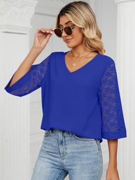 Women's Blouses Casual Half Sleeve Summer Chiffon Blouse Lace Mesh V-neck Women Loose Hollow Tops 2023 Fashion Mujer Ladies Blusas Colthes