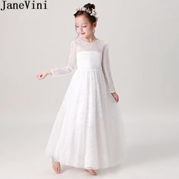 Girl Dresses JaneVini White Long Sleeve Flower Girls Dress For Kids Weddings Lace Beaded Neck Prom Floor Length First Communion