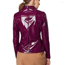 Women's Hoodies 2023 Long Sleeve Hight-Neck PU Leather T-shirts Women PVC Tops Vintage Moto Biker T-shirt Clubwear Pole Dancing Clothing