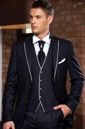 Men's Suits Navy Blue Men's Prom Business Suit Groom Tuxedos Dress Coat Waistcoat Trousers Set (Jacket Pants Vest Tie) H:011