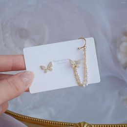 Backs Earrings Ins 14K Real Gold Exquisite S Zirconia Butterfly Zircon Temperament Pearl Chain Rear Hanging Two Ear Bone Clip