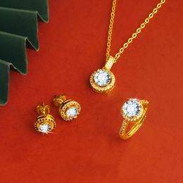 Women Pendant Stud Earrings Ring Round Cut Micro Zirconia 18k Yellow Gold Filled Shiny Jewelry Gift