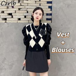 Work Dresses Sets Women Vintage Contrast Argyle Vest Puff Sleeve Blouses Two Pieces Outfits Female Autumn Preppy Style Knitted Fashion