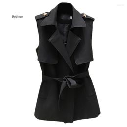 Women's Vests Spring Autumn Women Waistcoat Vintage Solid Suit Female Lace Up Notched Sleeveless Vest Casual Slim Oversize