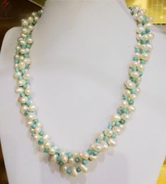 Chains Women Jewelry 3 Rows Necklace White Oval Pearl Light Blue Bead Mixed Handmade Real Cultured Freshwater Gift