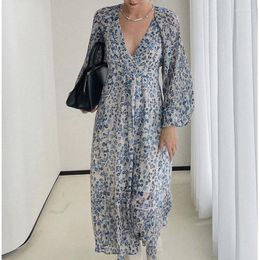 Casual Dresses High Quality Dress For Women Elegant Spring Fall 2023 V Neck Floral Chiffon Long Maxi Robe Female Bohemian Sleeve