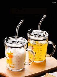 Mugs 410ml Glass Coffee Mug With Straw And Lid Cartoon Creative Children's Milk Cup Juice Drinkware Water Bottle Gift Set