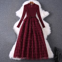 2023 Spring Black / Red Belted Tulle Tiered Dress Solid Color Long Sleeve Round Neck Panelled Midi Casual Dresses M3M038317