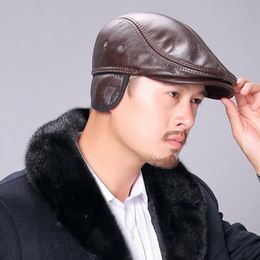 Berets Elderly Winter Warm Hat Men Genuine Leather Peaked Casquette Male Ear Protection Casual Black/Brown Trucker Beret Forward CapBerets