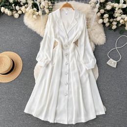 Casual Dresses 2023 Vintage Fashion Long Sleeve Chic And Elegant Woman Evening Party Dress White Mid-calf Office Ladies